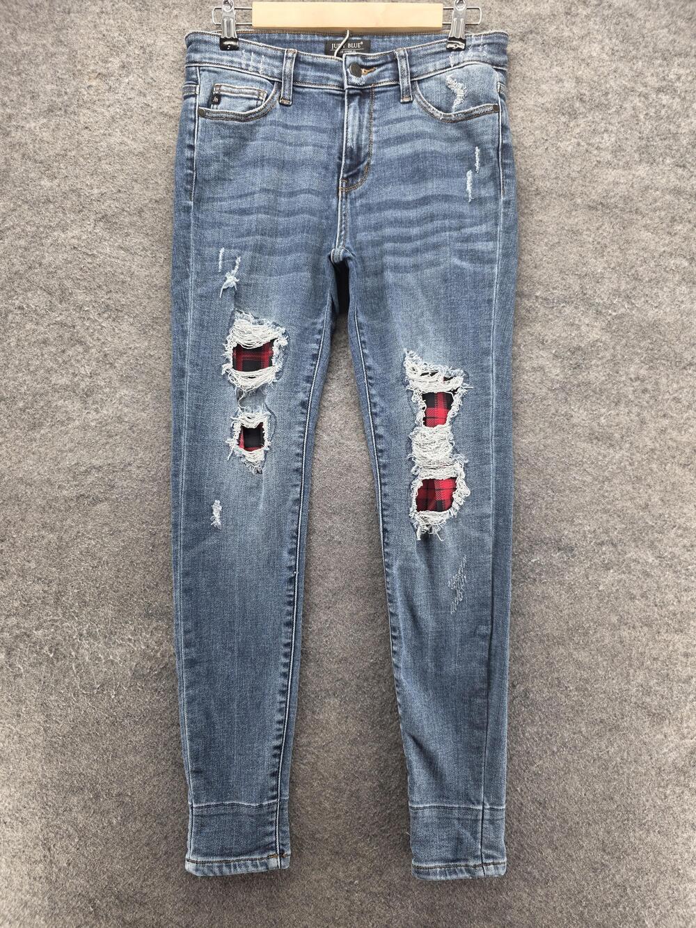 Judy Blue Jeans Womens 7/28 Blue Skinny Fit Plaid Patch Distressed Stretch Denim